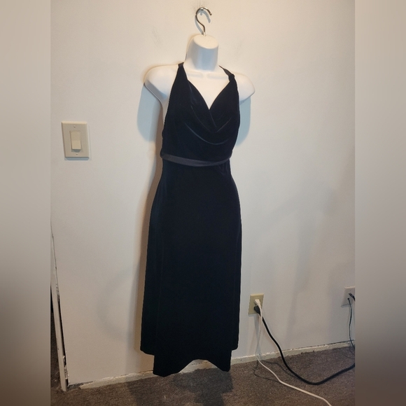 Alex evenings size 6p 90's vintage black velvet halter midi dress - Picture 1 of 9